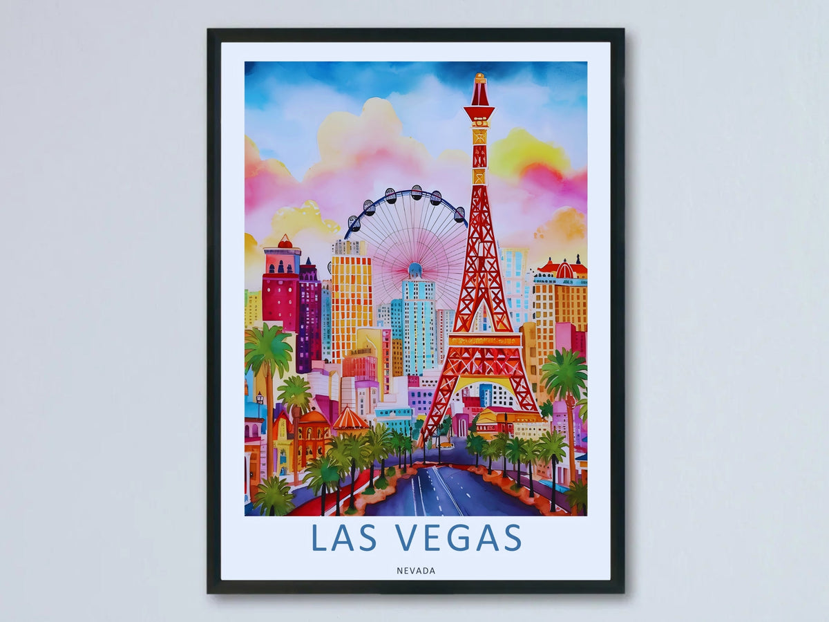 Las Vegas Watercolor Skyline Print: Colorful Strip Architecture & Ferris Wheel Wall Art-0