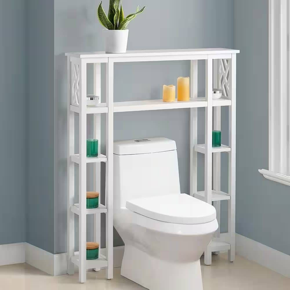 Over the Toilet Bathroom Shelving Unit with 9-Shelves in White Wood Finish-0