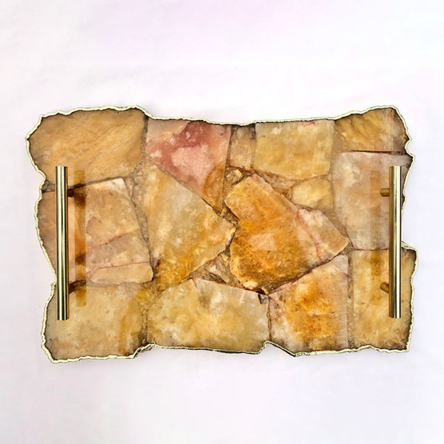 Large Golden Brown Agate Serving Tray With Brass Handles/Personalized Mementos/Sign Boards 10"x15"