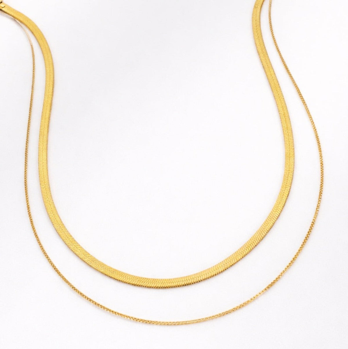Layered Herringbone Chain Necklace, Waterproof Gold-0