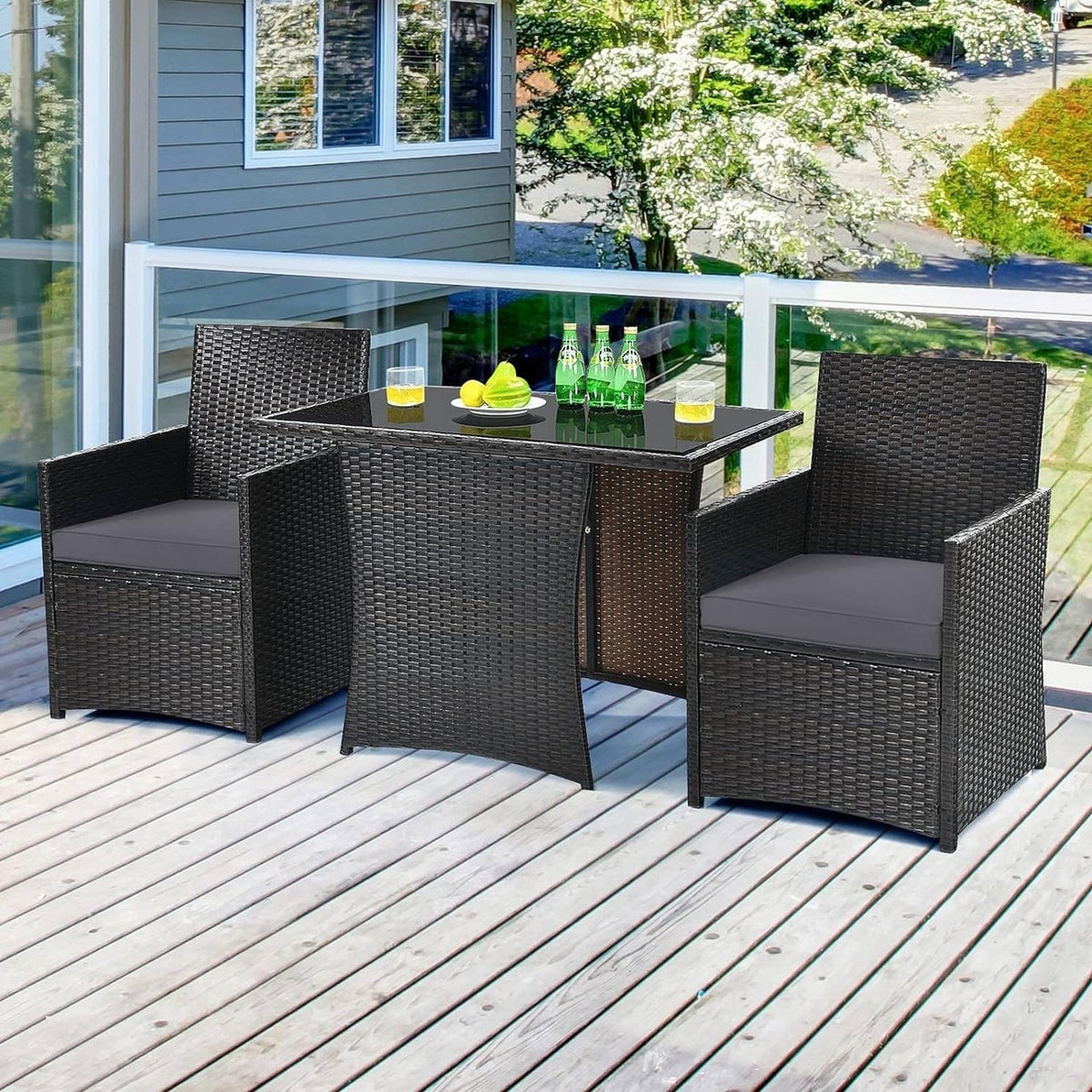3-Piece Outdoor Patio Furniture Bistro Dining Set in Brown Grey PE Rattan — image 1