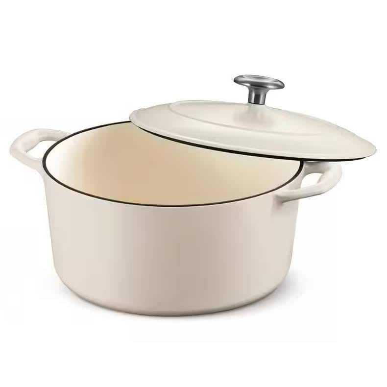 Round 5.5 Quart White Beige Enameled Oven Safe Cast Iron Dutch Oven with Lid-0