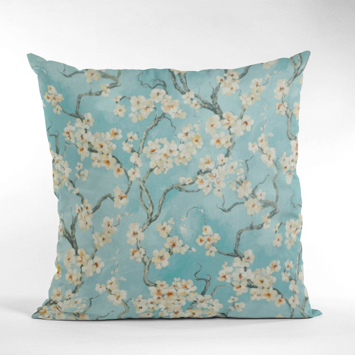 Azure Garden cherry blossom luxury throw pillow — front product view