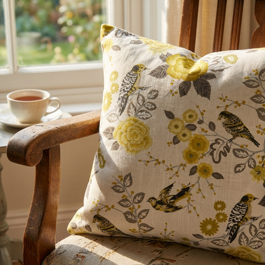 Song Bird Gardens Yellow, Beige and Gray Luxury Throw Pillow