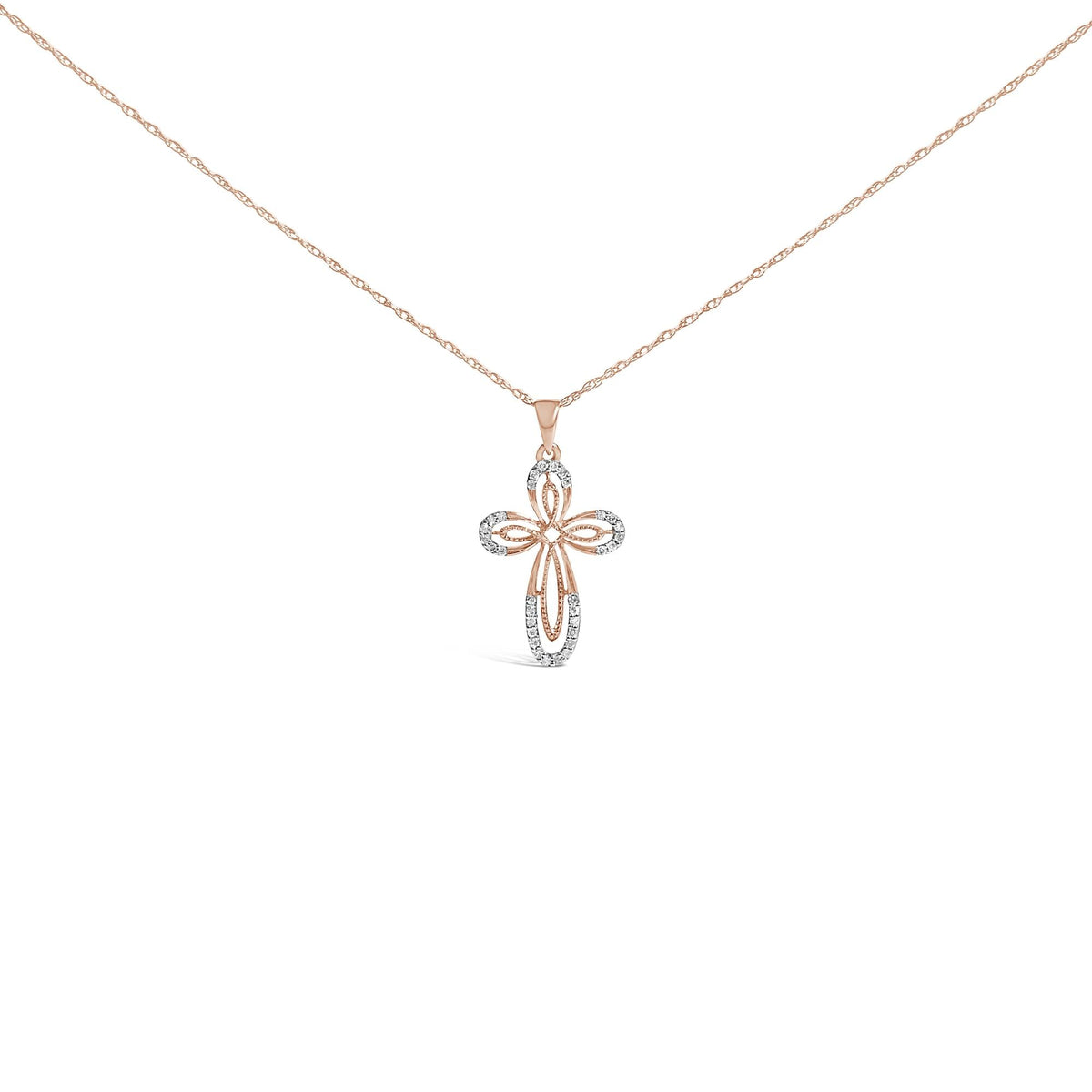 10K Rose Gold Plated Sterling Silver 1/6 Cttw Diamond Double Loop Cross Pendant Necklace-0