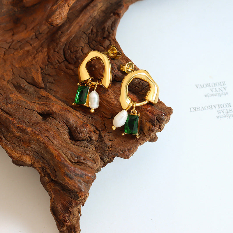 Gold Pearl and Emerald Drop Earrings-0