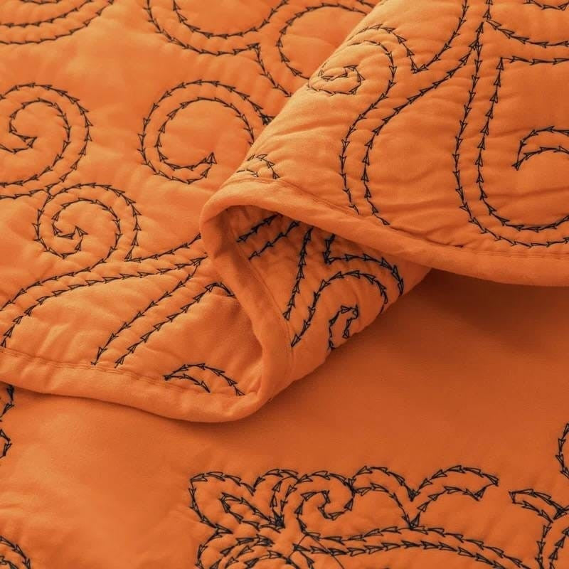 Queen size Orange Nectarine Damask Embroidered 4 Piece Oversized Bedspread Set-0