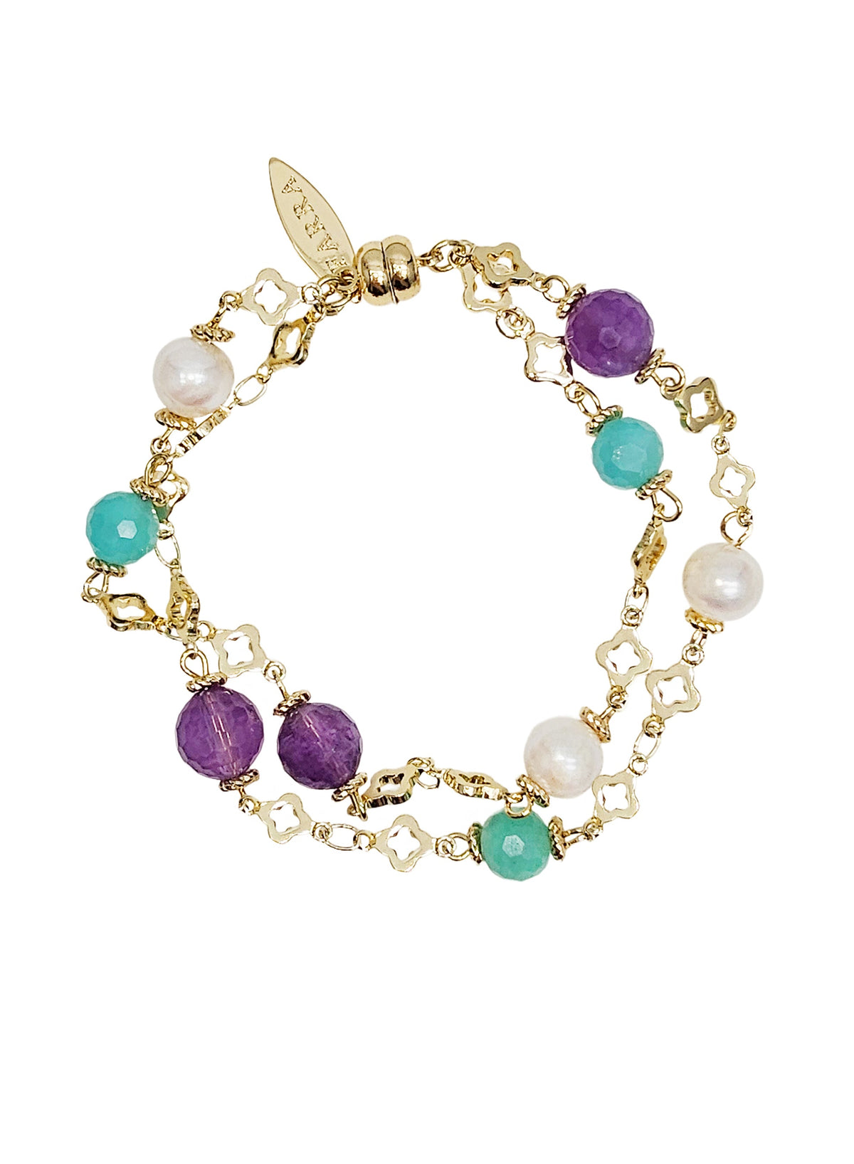 Multi-color Gemstone With Pearls Double Layers Chain Bracelet RB002-0