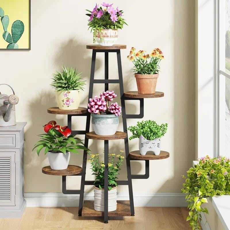 Modern Indoor Multi-Tier Plant Stand with Black Metal Frame and Wood Shelves-0