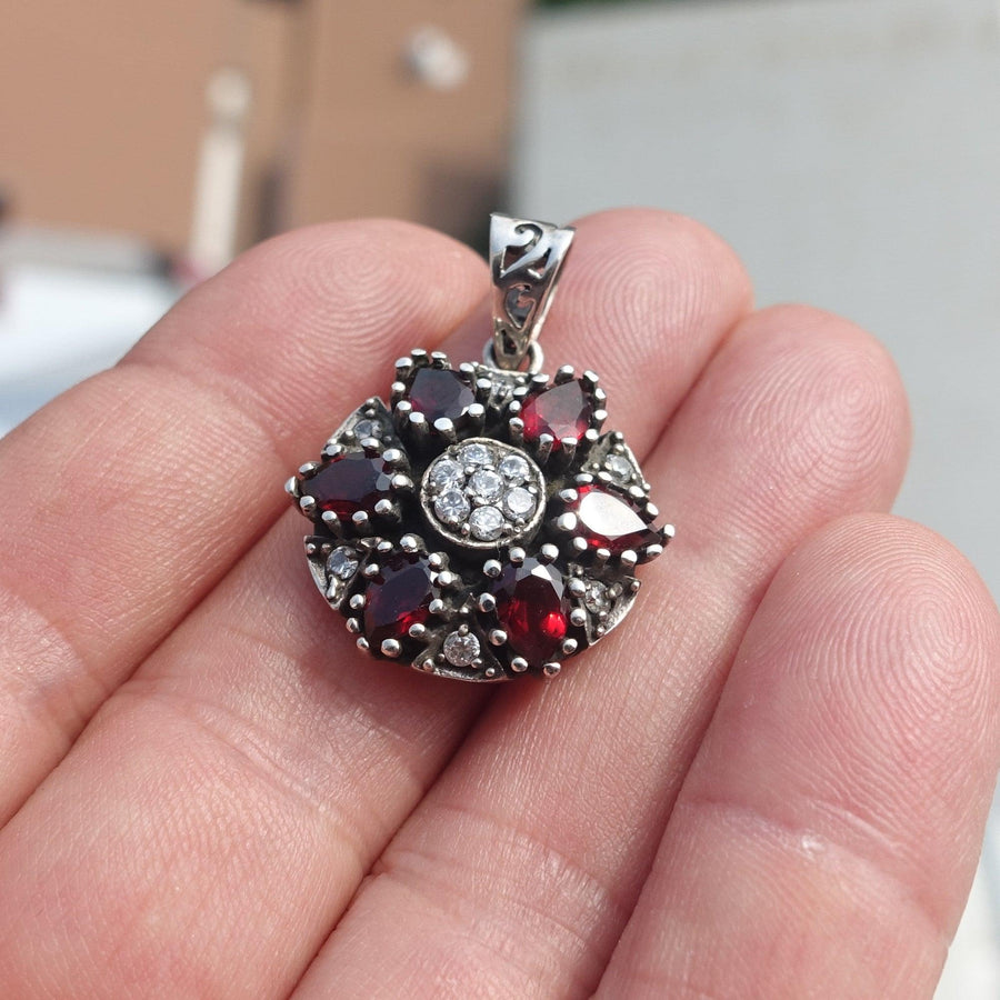 Garnet Silver Pendant, Star shaped Sterling Silver Gemstone Pendant with Garnet and Topaz, Symmetric Amulet, Sterling silver pendant