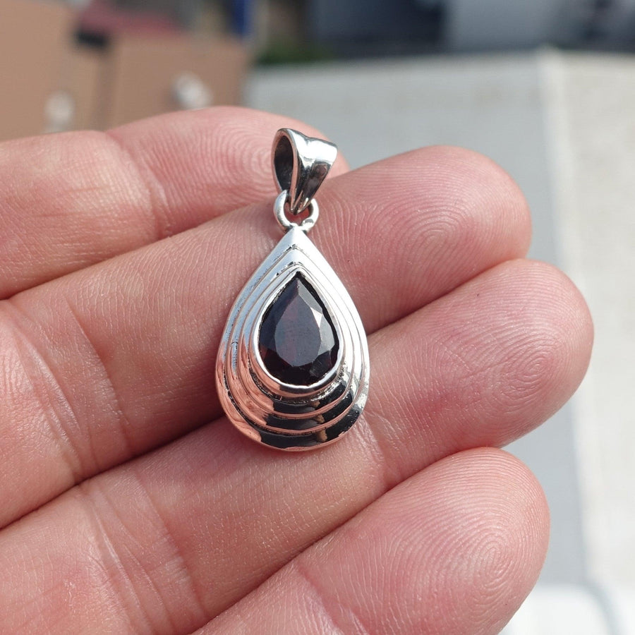 Garnet Silver Pendant, Pear shaped Sterling Silver Gemstone Pendant with Garnet, Symmetric Amulet, Sterling silver pendant