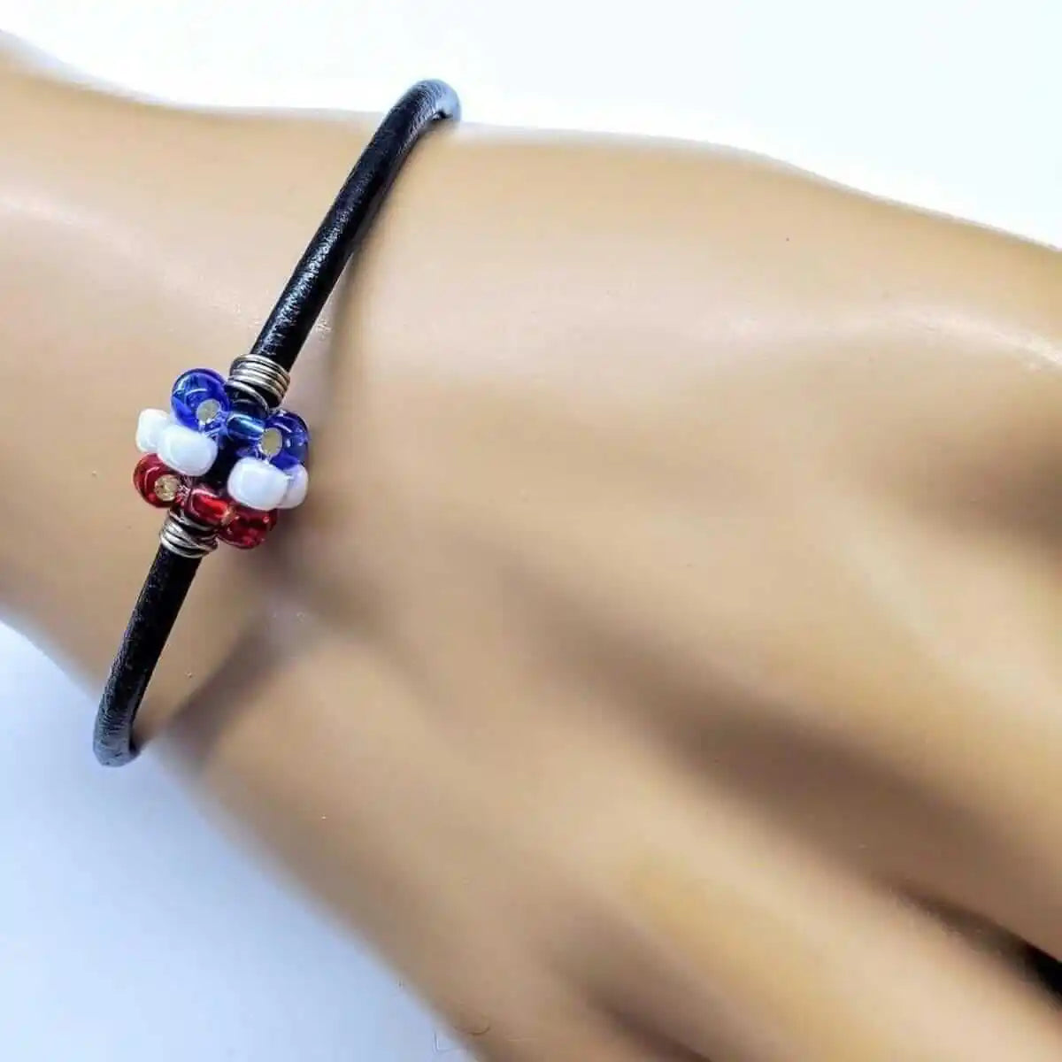 Patriotic Red White Blue Beaded Bead Leather Bracelet-5
