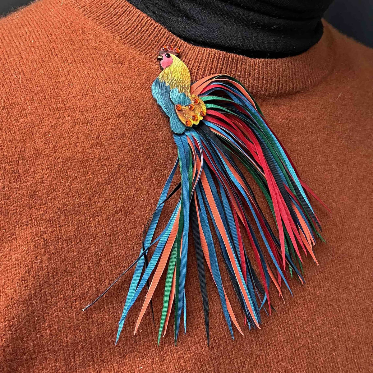 Rooster Calabash (Totumo) Statement Brooch-0