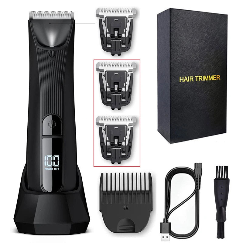 Mens Rechargeable Body Hair Trimmer with 2 Heads & LED Light Black-0