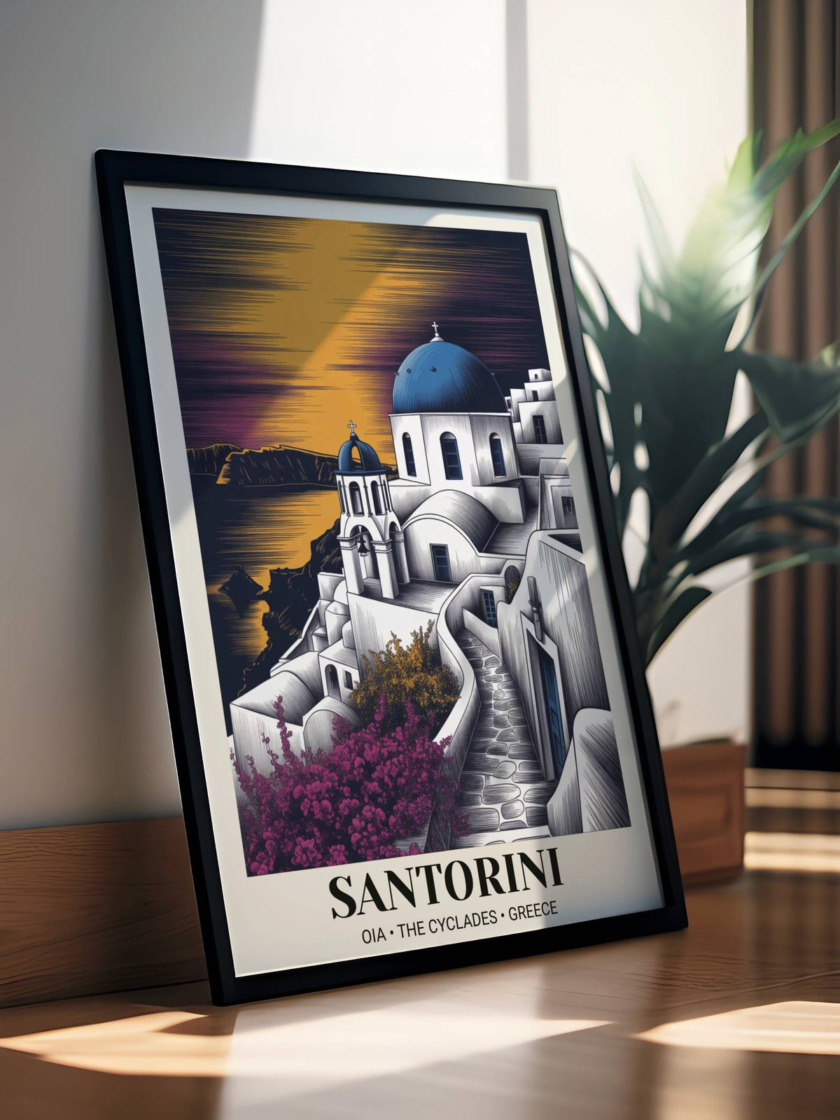 Santorini Oia Art Print – Modern Etched Greek Island Travel Poster-0