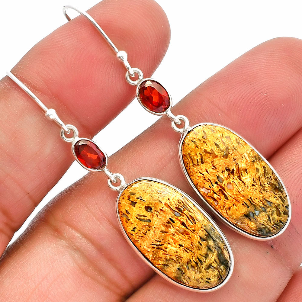 Palm Root Fossil Agate & Garnet Earrings E-1002 SDE82362-0