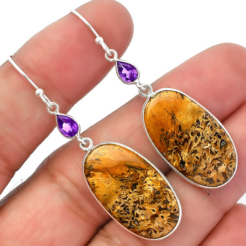 Palm Root Fossil Agate & Amethyst Earrings E-1002 SDE82646-0