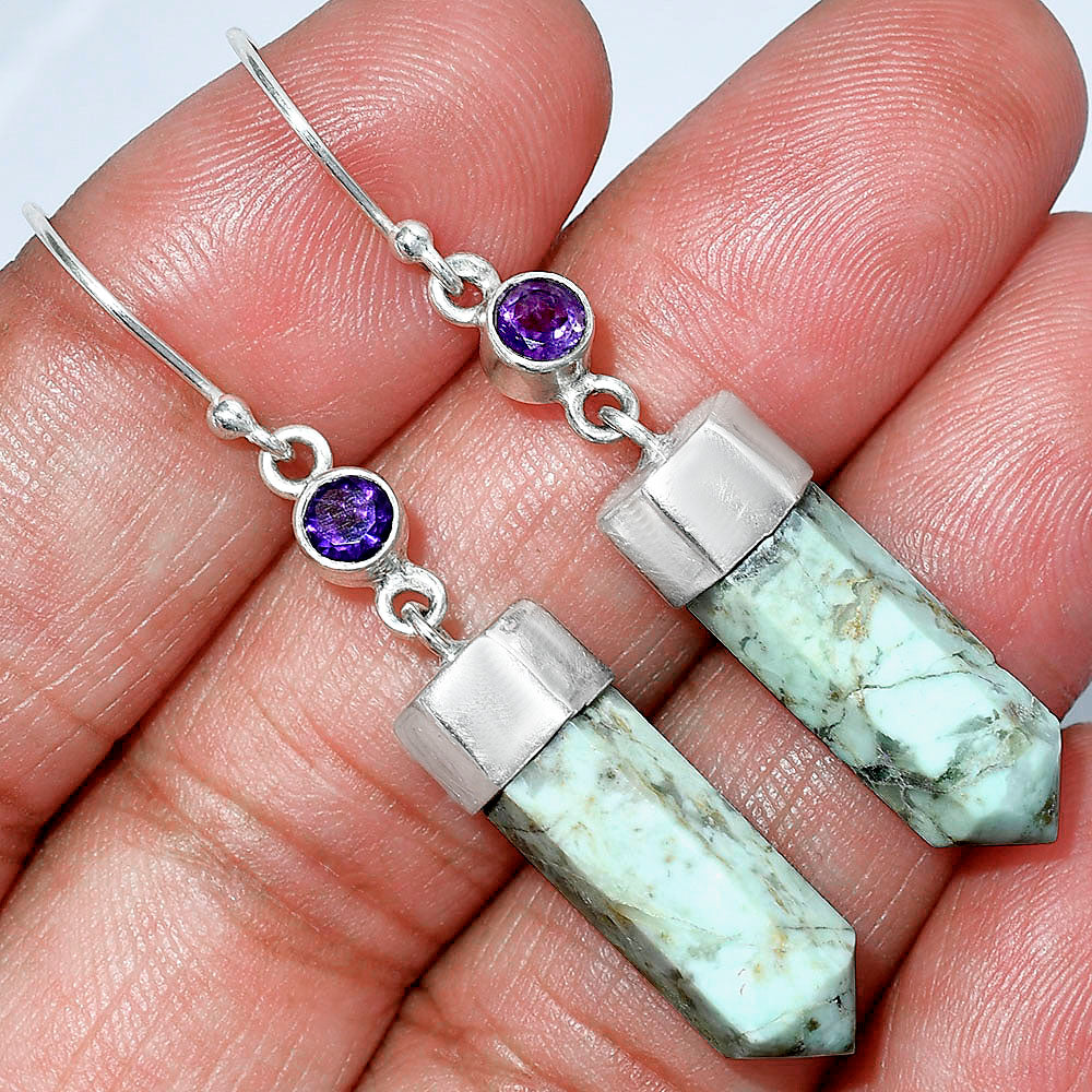 Point - Authentic White Buffalo Turquoise & Amethyst Earrings E-1135 SDE86007-0
