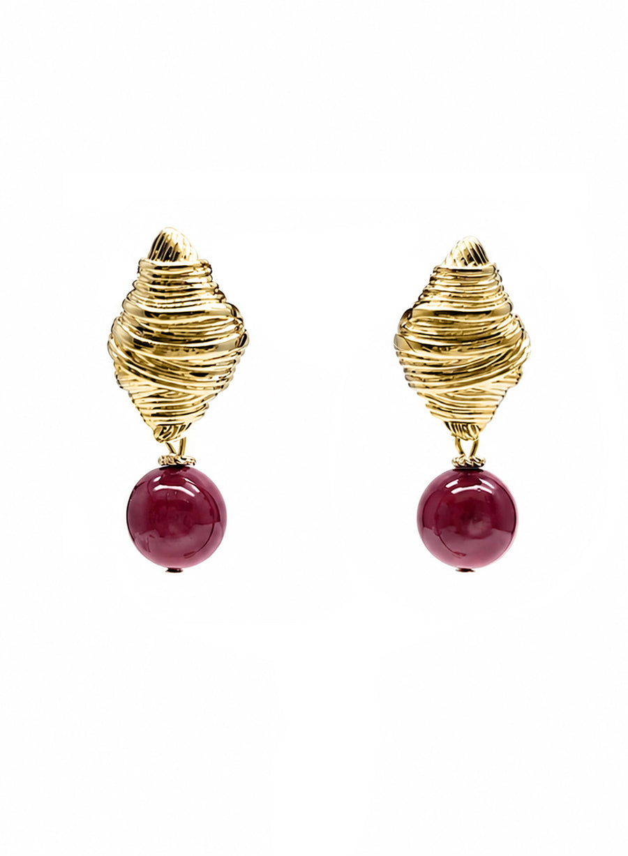Red Bamboo Coral Dangle Gold Stud Earrings SE001