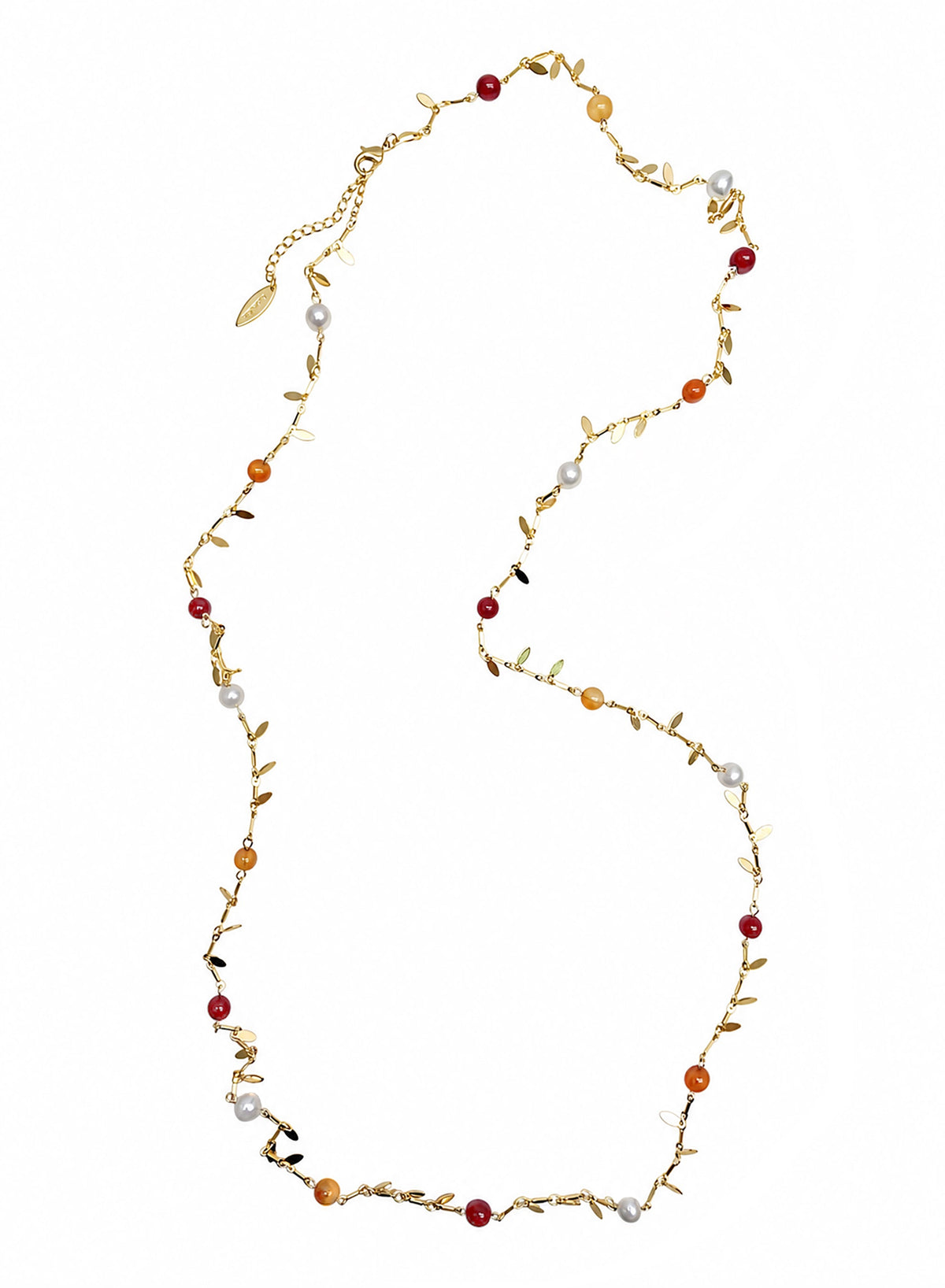 Red Bamboo Coral Orange Agate & Pearl Long Necklace SN006-0