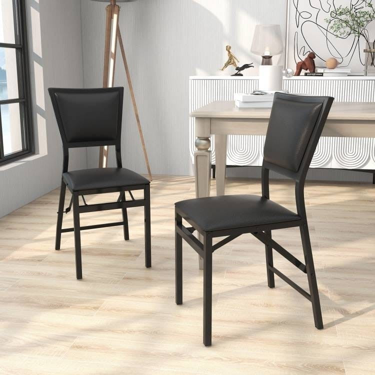 Set of 2 - Modern Black Metal Folding Dining Chairs with PU Leather Seat Cushion-0