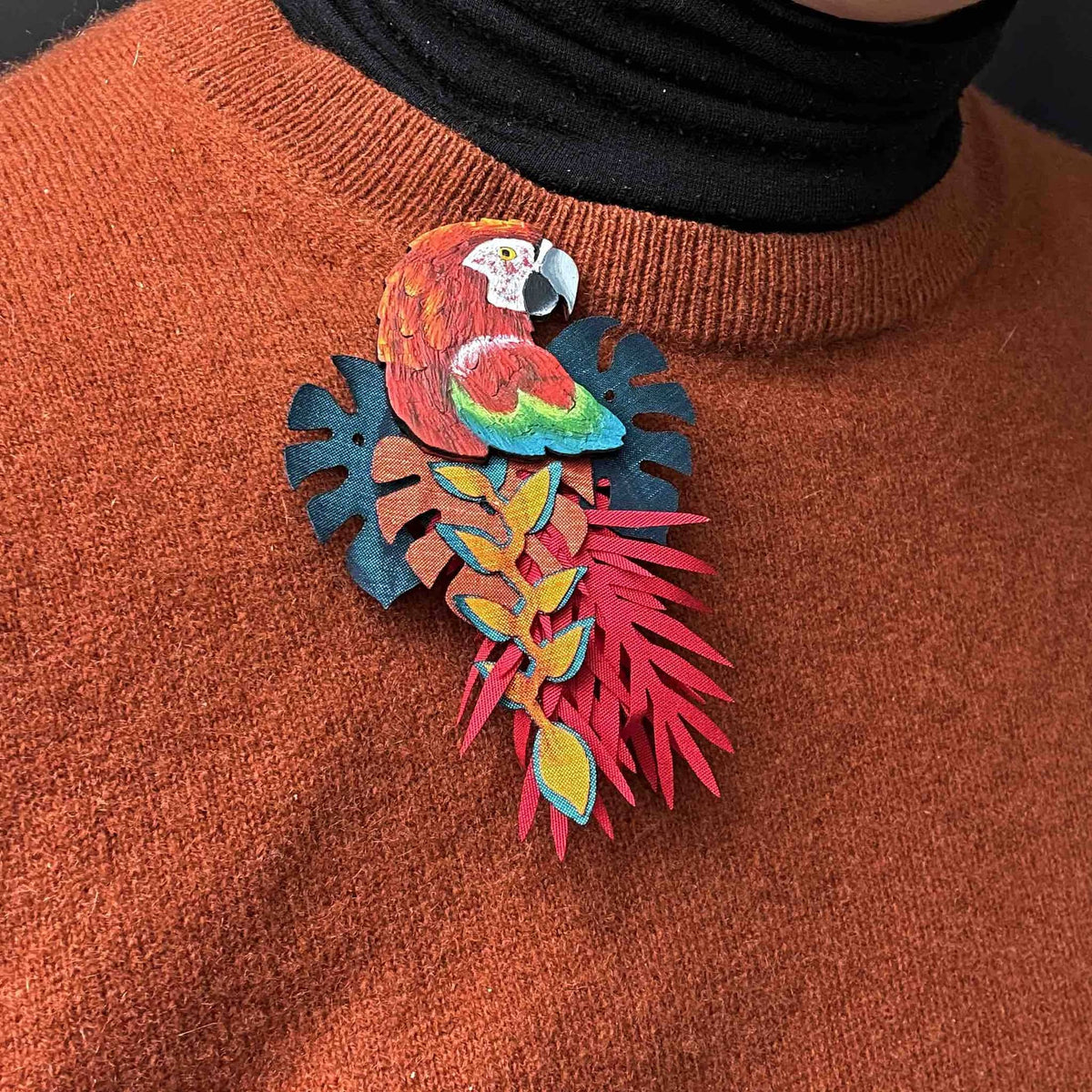 Scarlet Macaw Calabash (Totumo) Statement Brooch-0