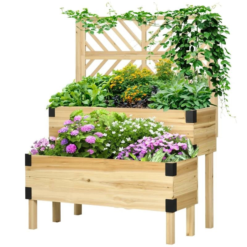 2 Tier Self Draining Natural Wood Raised Garden Bed Planter Box with Trelli — 10810972602707