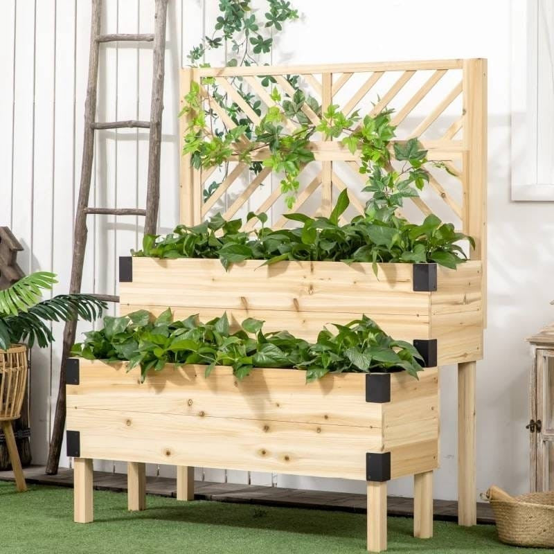 2 Tier Self Draining Natural Wood Raised Garden Bed Planter Box with Trelli — 10797659914579