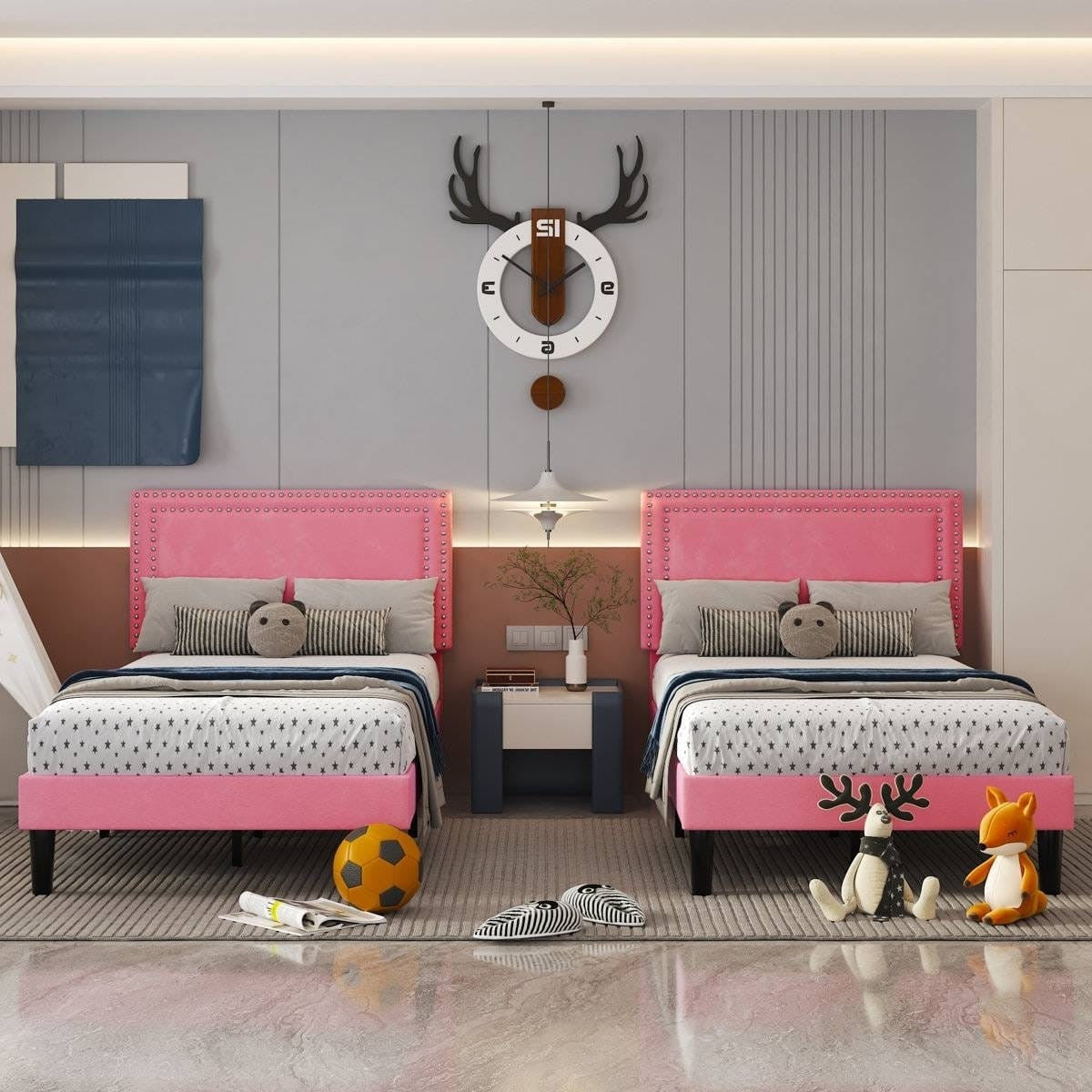 Set of 2 - Twin size Pink Upholstered Platform Bed with Nailhead Trim Headboard-0