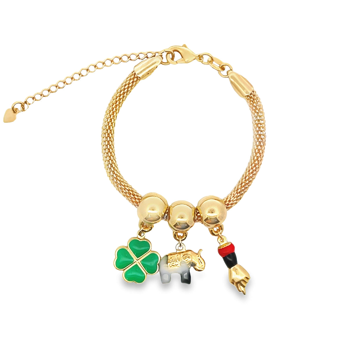 Beaded Green Clover Elephant Figa Hand Charms Bracelet-0