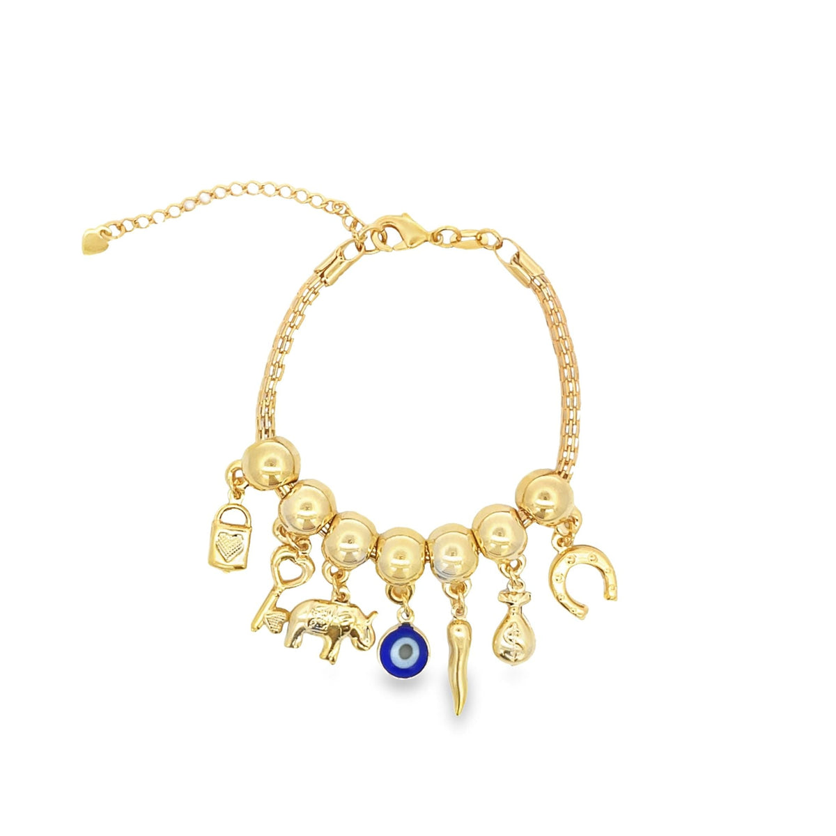 Charm Bracelet With Lock, Key, Evil Eye, Money, Horse Shoe Luck Charms (I407)-0