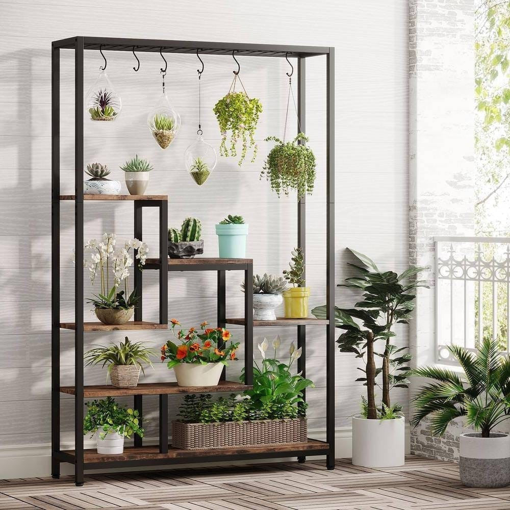 Modern Industrial Heavy Duty Metal Wood Plant Stand with 10 Hanging Hooks-0