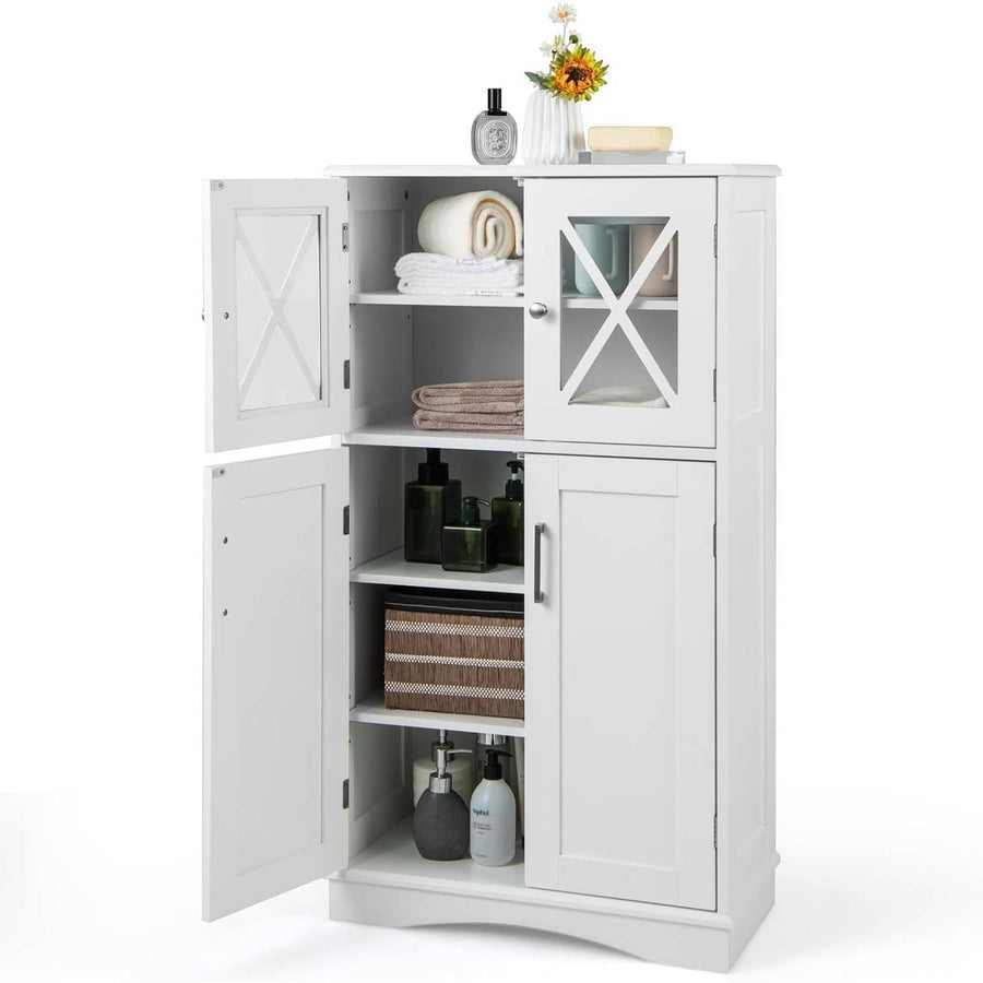 White Bathroom Towel Linen Cabinet with Glass Doors and Storage Shelves