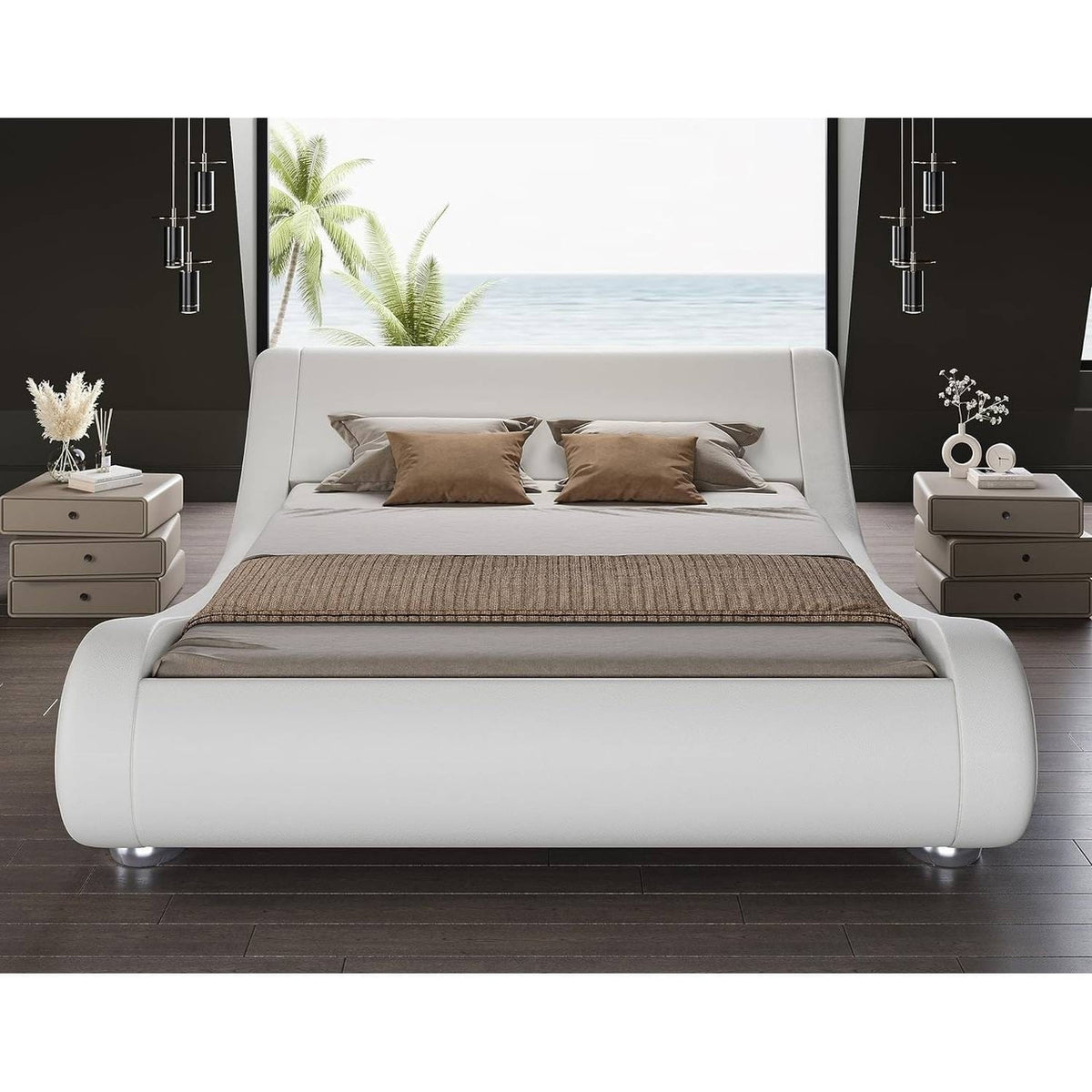 Queen Modern White Upholstered Platform Bed Frame with Sleigh Curved Headboard-0
