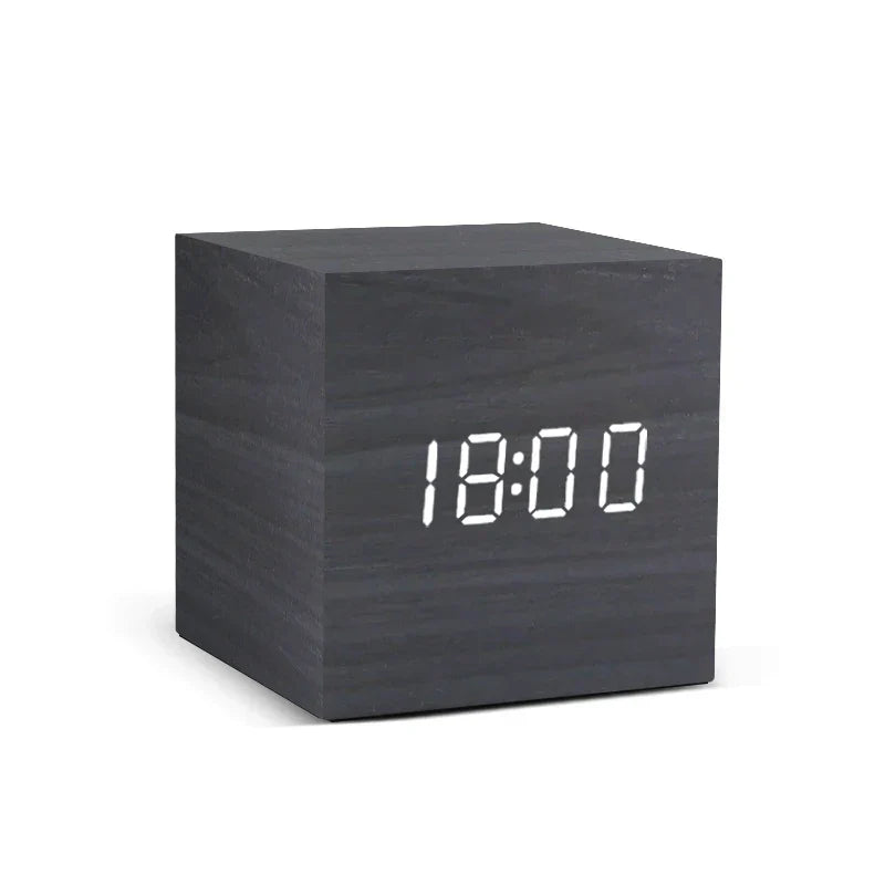 Wooden Digital Alarm Clock – LED Display with Temperature & Sound Control