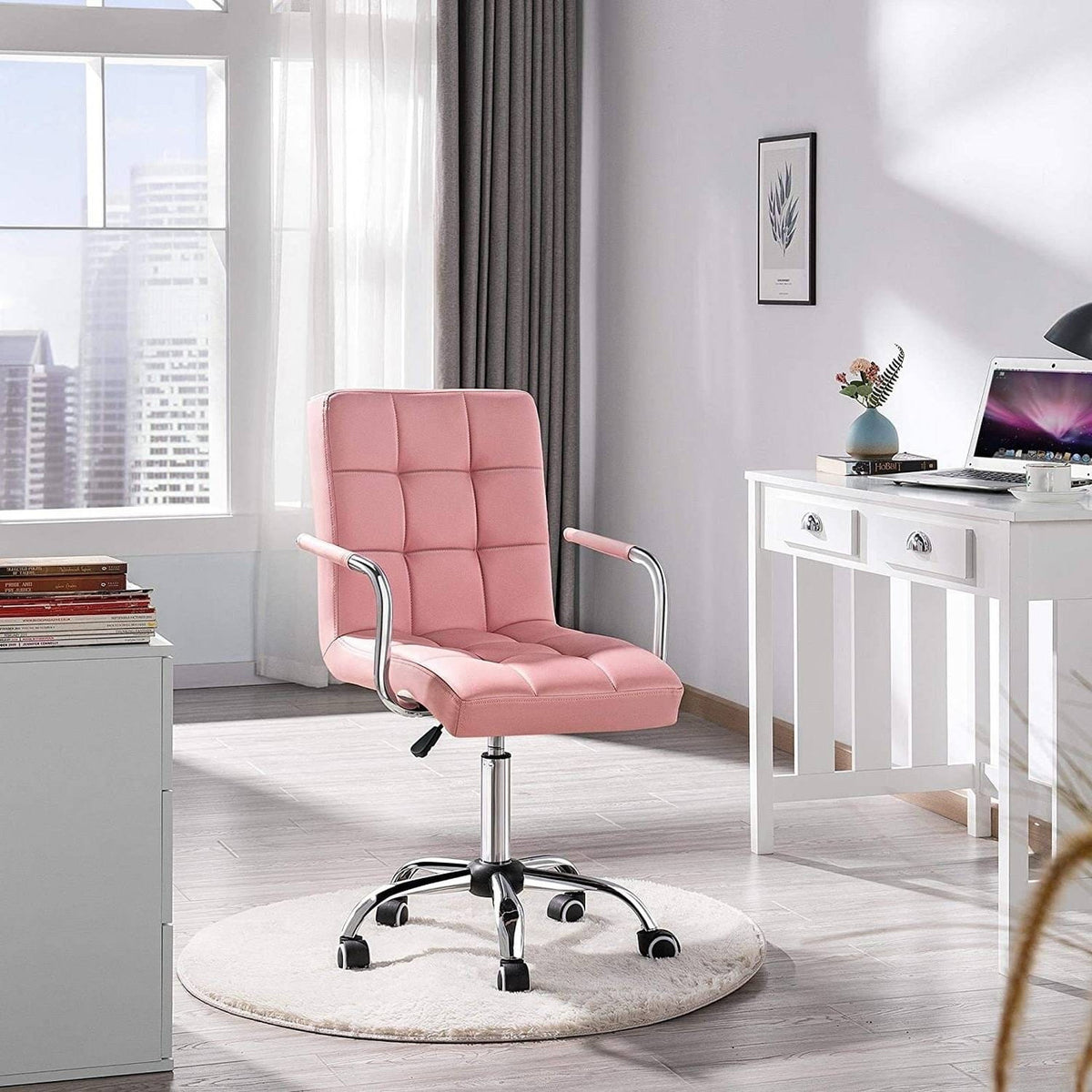 Pink Modern Faux Leather Mid-Back Swivel Office Chair with Armrests and Wheels-0