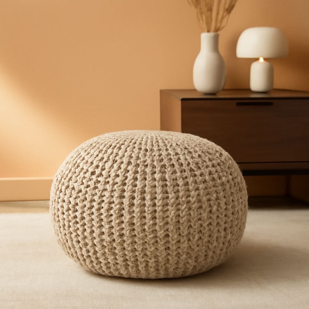 Hand Knitted Tweed Cable Pouf Ottoman, Natural, 20 Inch Diameter-0