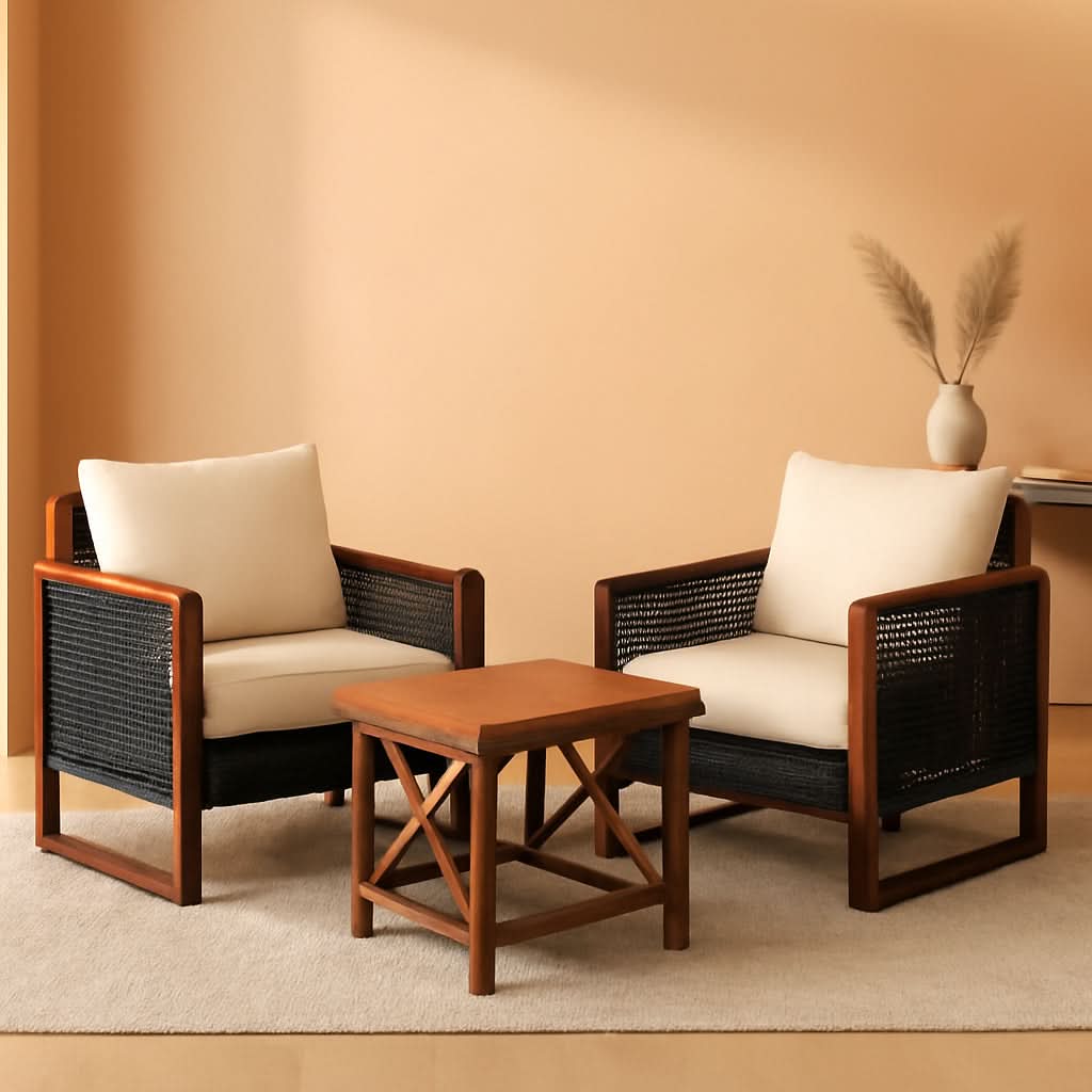 3 Piece Outdoor Patio Furniture Set With Wicker Chairs And Coffee Table Washable Cushions Acacia Wood Frame-0