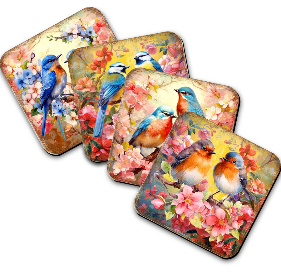 Spring Birds Wooden Cork Coasters Gift Set of 4 by G. Debrekht - Easter Spring Decor  - 8199438C-S4