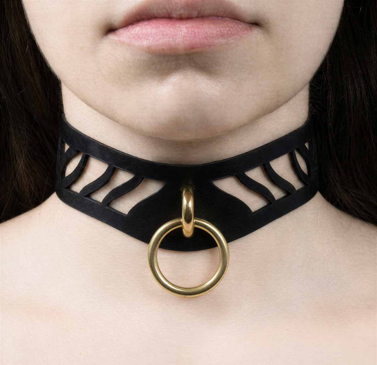 BDSM Collar – Elegant Black Leather Collar with Gold O-Ring-0