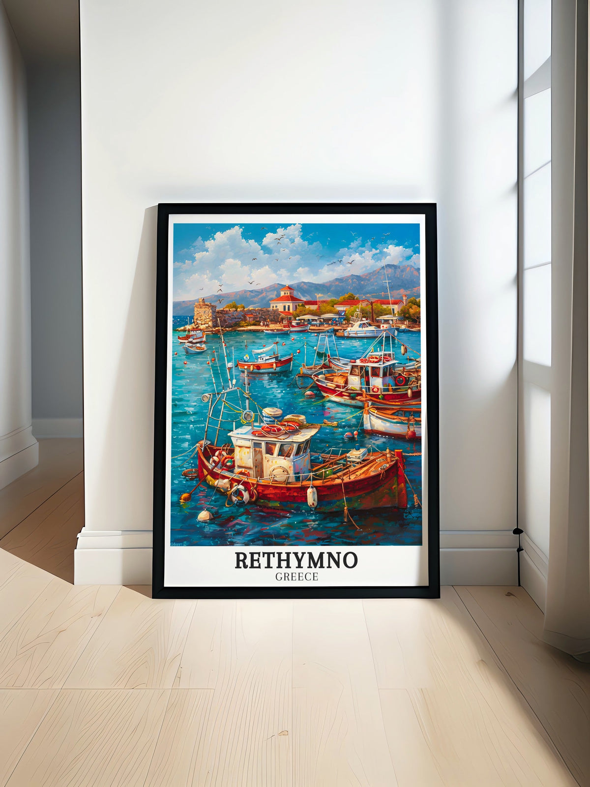 Rethymno Travel Poster - Rethymno Harbour Print - Crete Artwork - Rethymno Poster Print - Greece Travel Art-0