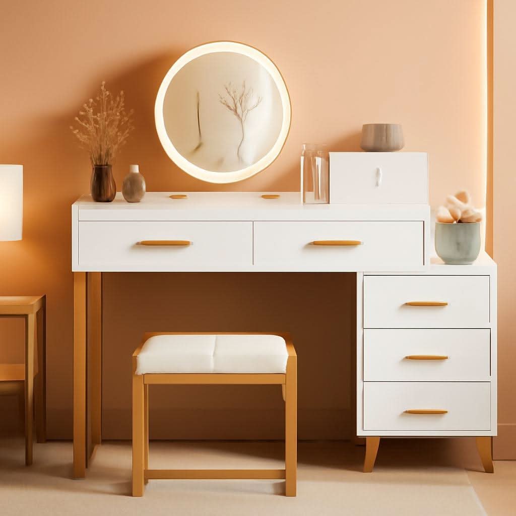 White Vanity Desk With Integrated Illuminated Mirror-0