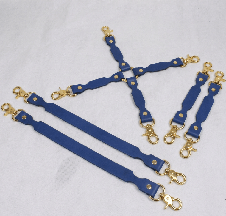 BDSM Restraint Connector Set Blue Leather with Heart Rings-0