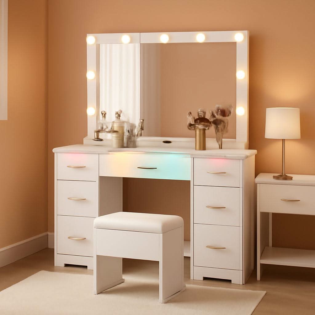 44 Inch White Glossy Vanity Desk Illuminated Mirror-0