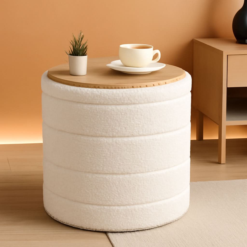 Round Storage Ottoman With Tray White VelvetFabric-0