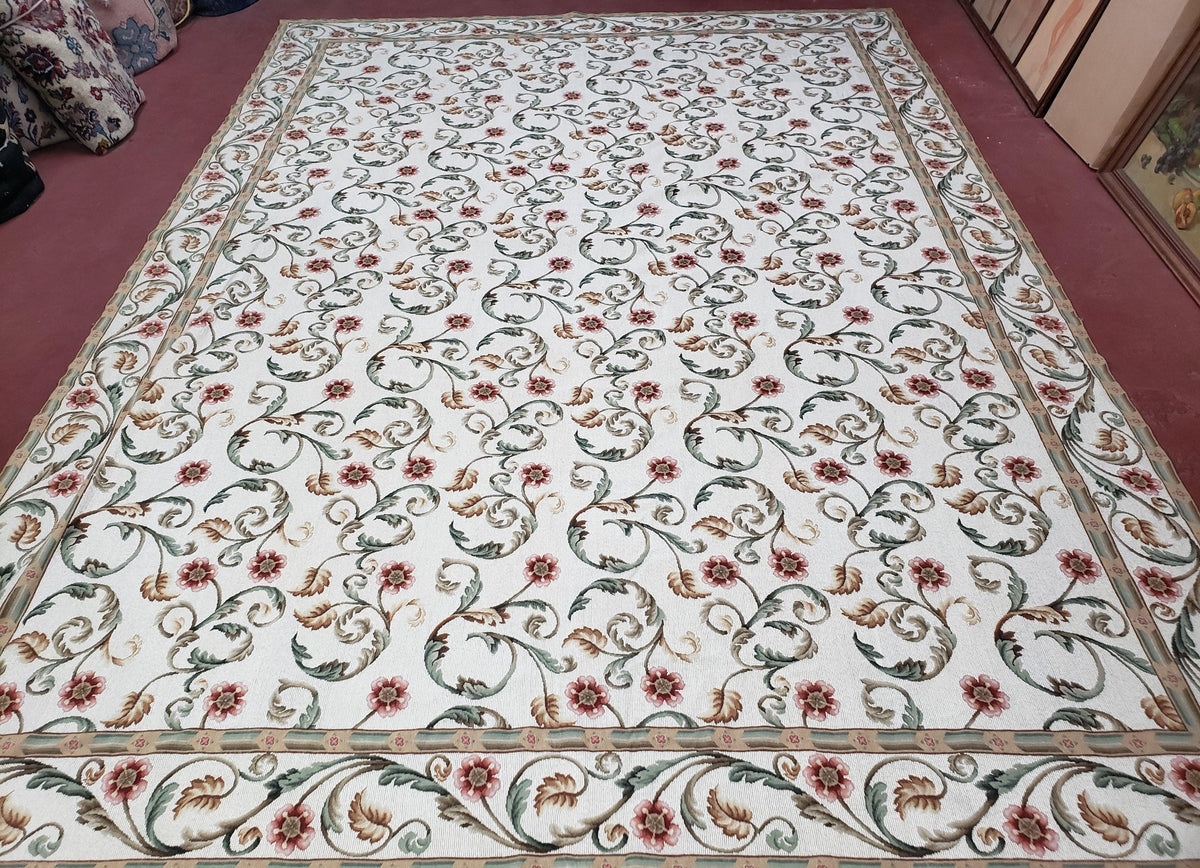 Needlepoint Rug 9x12, European Aubusson Design, Floral Allover Garden Pattern, New Needlepoint Area Rug, Ivory Rug, Hand Woven, Flatweave-0