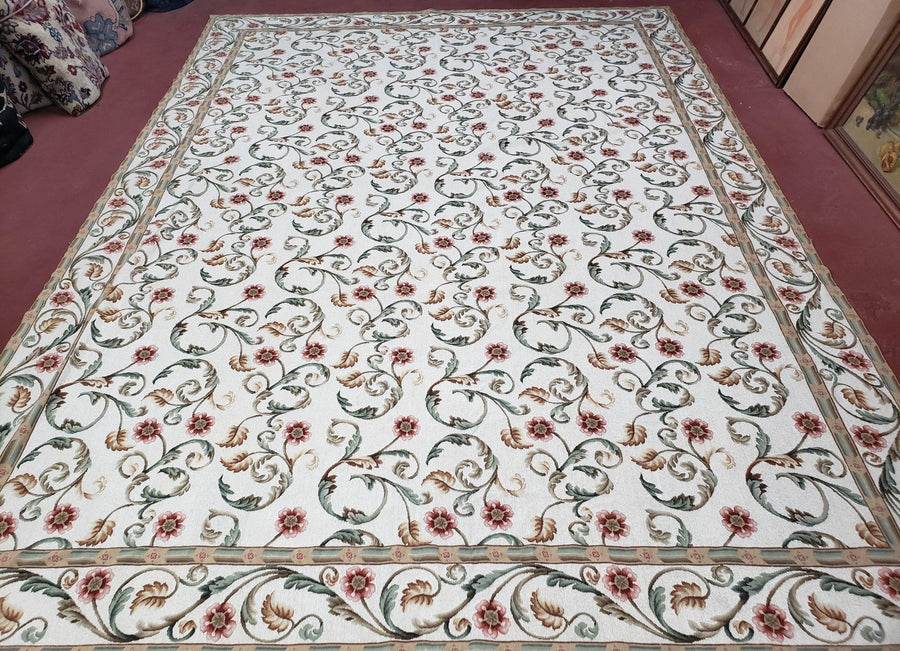 Needlepoint Rug 9x12, European Aubusson Design, Floral Allover Garden Pattern, New Needlepoint Area Rug, Ivory Rug, Hand Woven, Flatweave