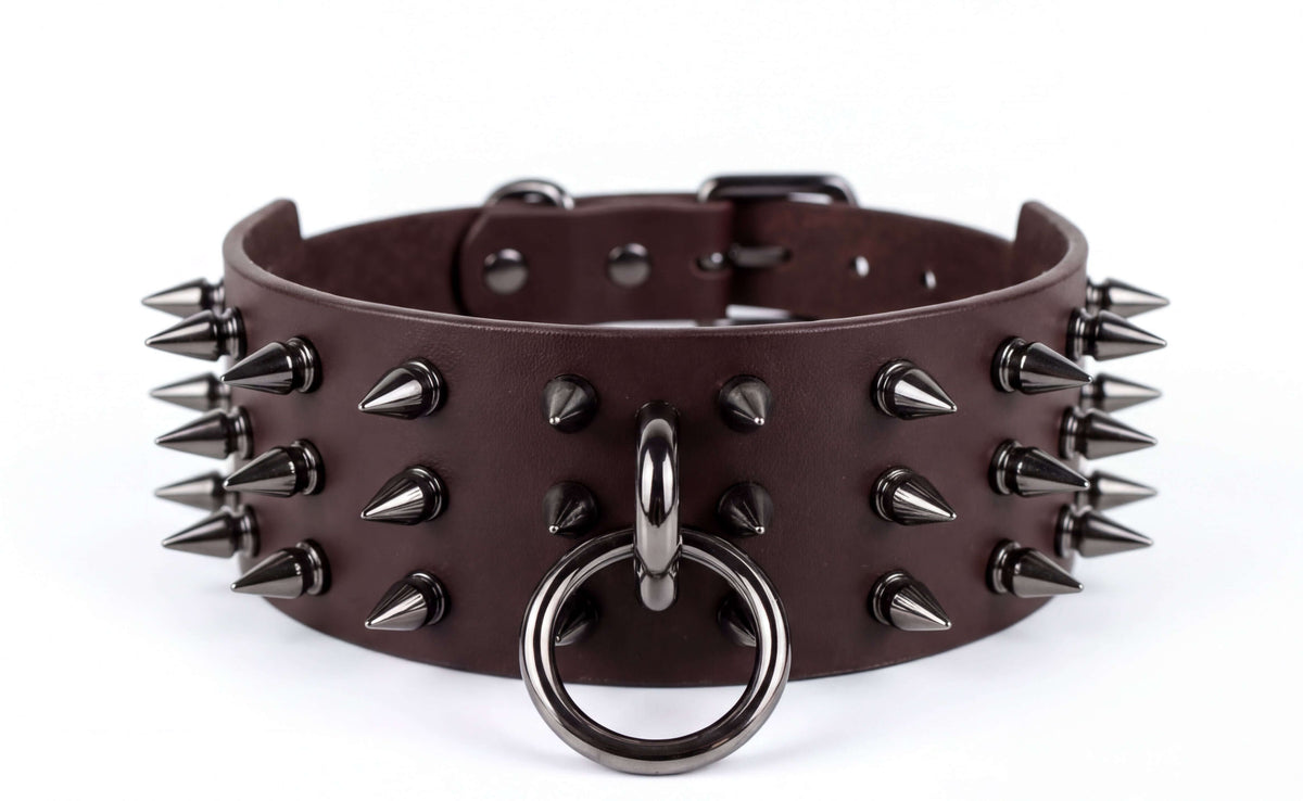 Spiked BDSM Collar – Leather Submissive Collar with O-Ring-0