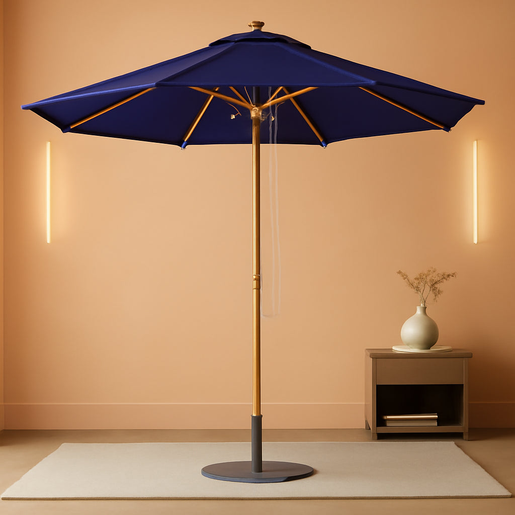 9ft Bamboo Outdoor Patio Umbrella Pulley Lift Market Umbrella-0
