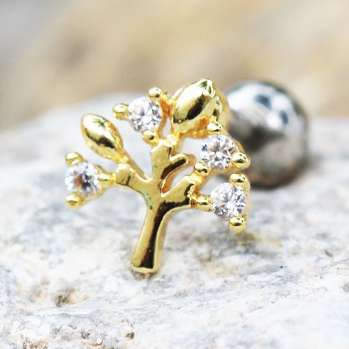 Yellow Gold Sparkling Tree of Life Cartilage Earring-0